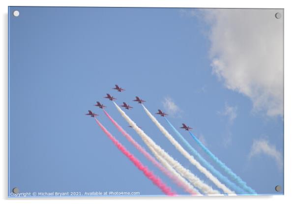 The red arrows at clacton on Sea air show  Acrylic by Michael bryant Tiptopimage