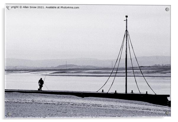 Lone Fisherman On The Beach, Burnham-on Sea, Somer Acrylic by Allan Snow