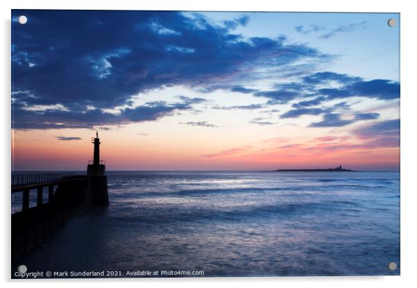 Amble Harbour Light and Coquet Island at Dawn Acrylic by Mark Sunderland