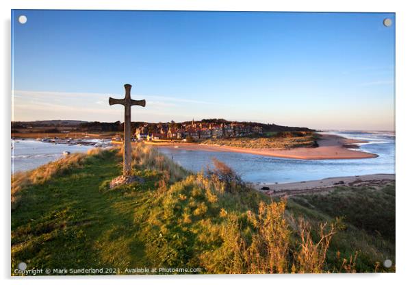 St Cuthberts Cross on Church Hill and Alnmouth at Sunset Acrylic by Mark Sunderland