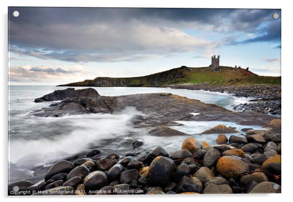 Greymare Rock and Dunstanburgh Castle Acrylic by Mark Sunderland