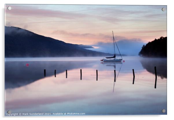 Yacht Moored on Coniston Water at Dawn Acrylic by Mark Sunderland