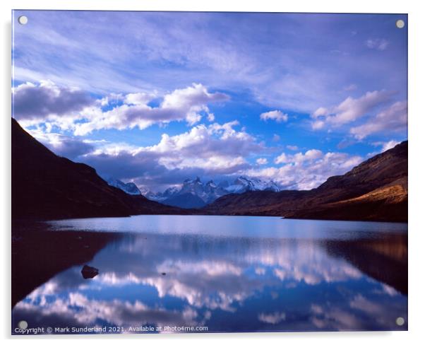 Clouds Reflections in the Rio Paine Acrylic by Mark Sunderland