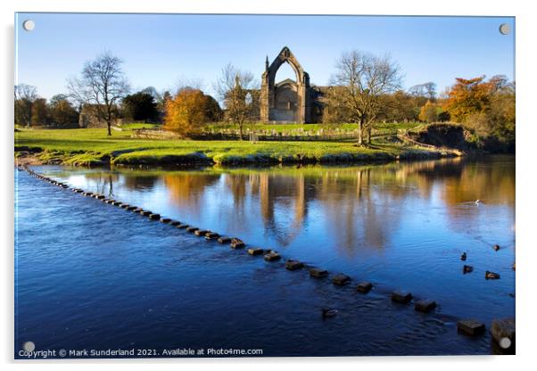 Stepping Stones across the River Wharfe to Bolton Priory Acrylic by Mark Sunderland