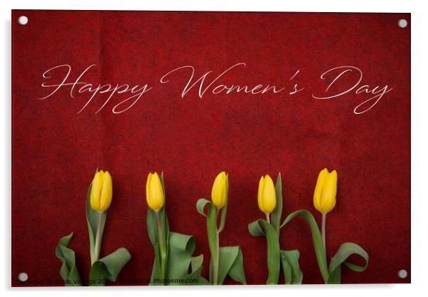 happy womens day text on yellow tulips on red background. greeting card concept. sensual tender women's image. spring flowers in soft morning sunlight flat lay Acrylic by Emils Vanags