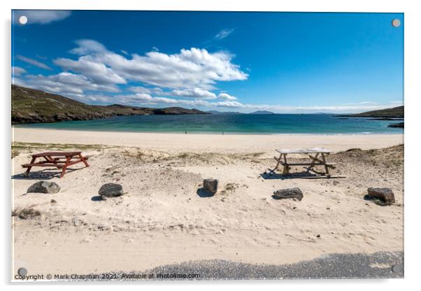 Picnic tables at Hushinish beach, Isle of harris Acrylic by Photimageon UK