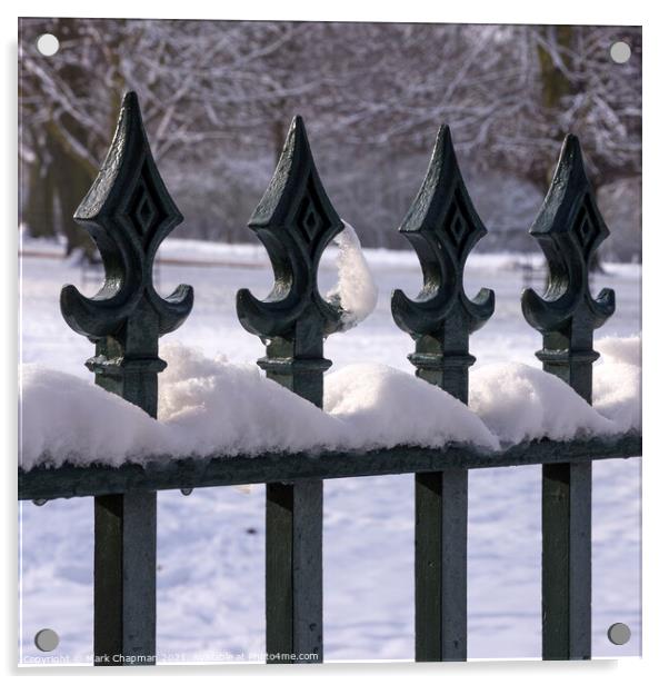 Snow capped metal fence railing Acrylic by Photimageon UK