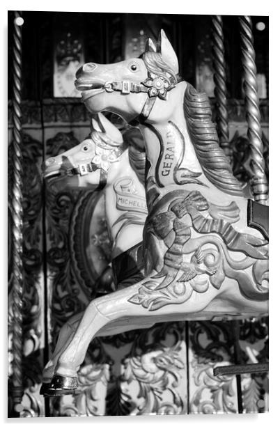 Horses from a Carousel in Black and White, Brighton, Sussex Acrylic by Neil Overy