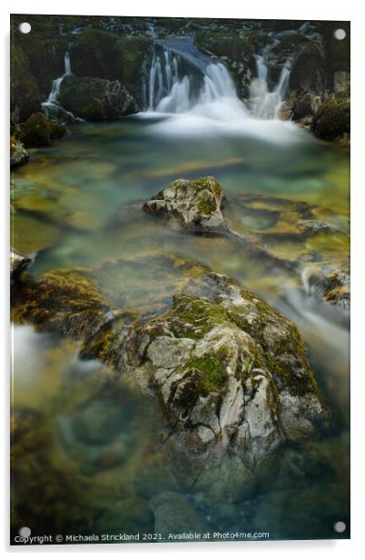 Waterfall and rock pool, Lake District. Acrylic by Michaela Strickland