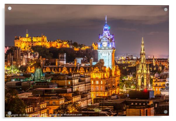 Edinburgh Scotland Skyline at Night. Acrylic by Philip Leonard