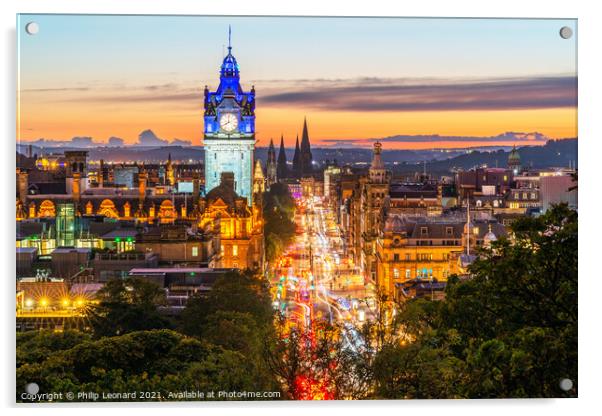 Princes Street View Edinburgh Scotland at Dusk. Acrylic by Philip Leonard