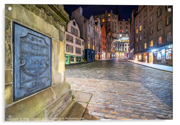 West Bow Well and Victoria Street View Edinburgh. Acrylic by Philip Leonard