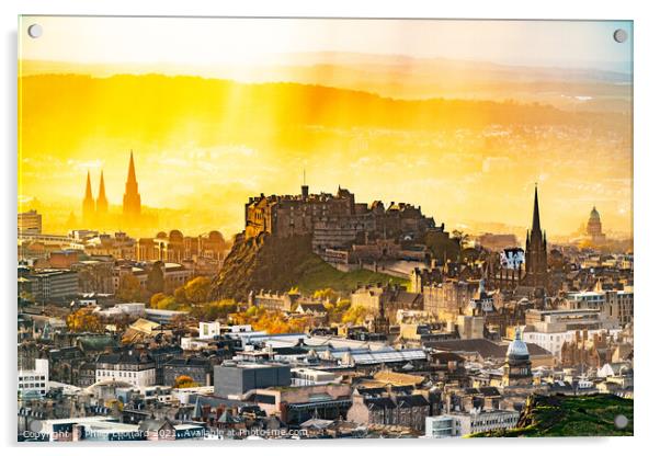 Edinburgh Castle and Rain Shower & Sunset in Edinburgh Scotland. Acrylic by Philip Leonard