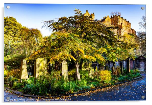 St. Cuthberts Graveyard, Edinburgh Scotland bathed in Autumn Sun. Acrylic by Philip Leonard