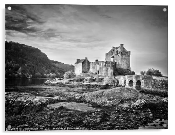 Eilean Donan castle, Scotland, Black and white Acrylic by Delphimages Art