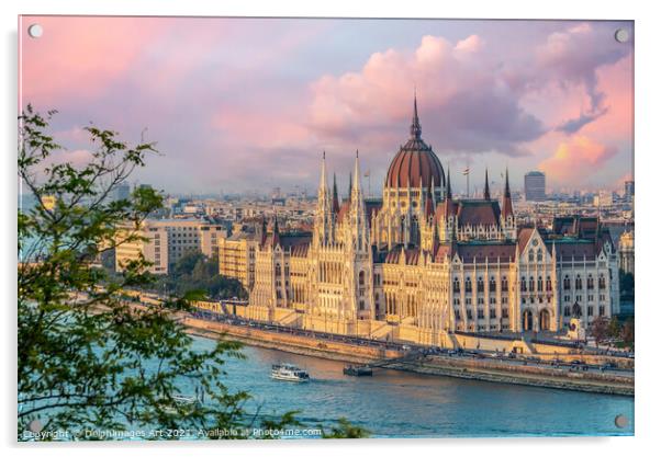 Budapest parliament and Danube river at sunset Acrylic by Delphimages Art