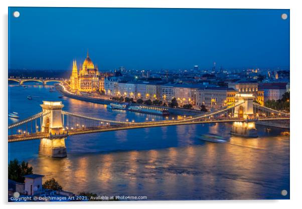 Budapest parliament and Chain bridge at night Acrylic by Delphimages Art