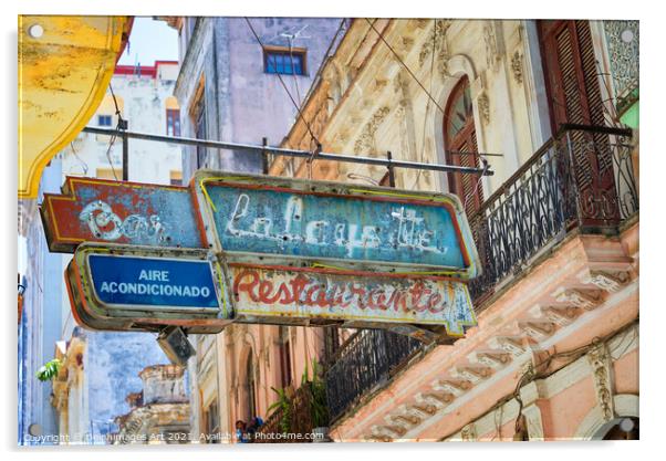Bar restaurant old signs in Havana, Cuba Acrylic by Delphimages Art