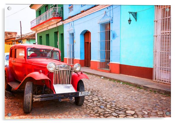 Trinidad, Cuba. Old vintage car in a street Acrylic by Delphimages Art