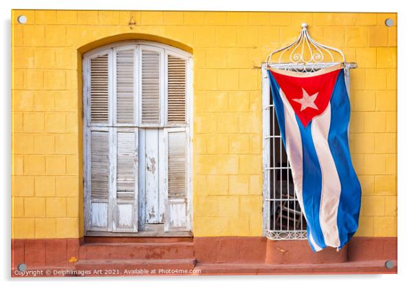 Cuban flag in in a street of Trinidad, Cuba Acrylic by Delphimages Art