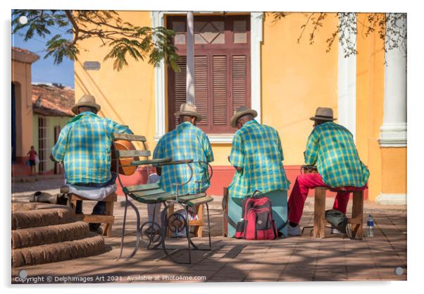 Cuban music, street musicians in Trinidad, Cuba Acrylic by Delphimages Art