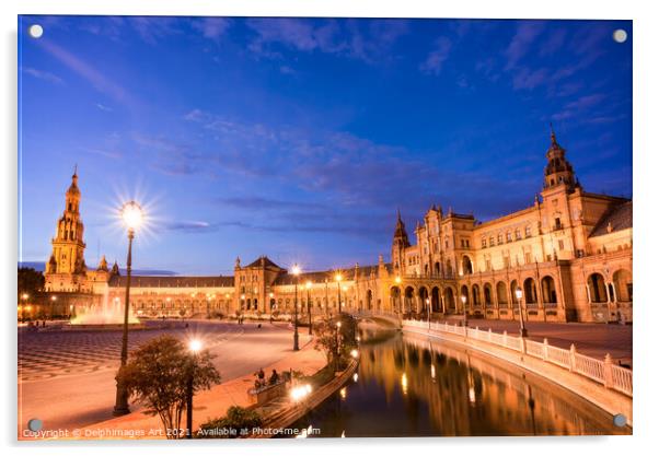 Plaza de Espana at night, Seville, Andalusia Acrylic by Delphimages Art