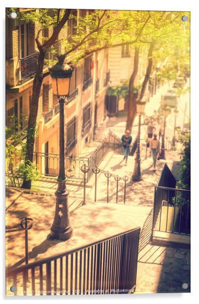 Montmartre staircase, golden light in Paris France Acrylic by Delphimages Art