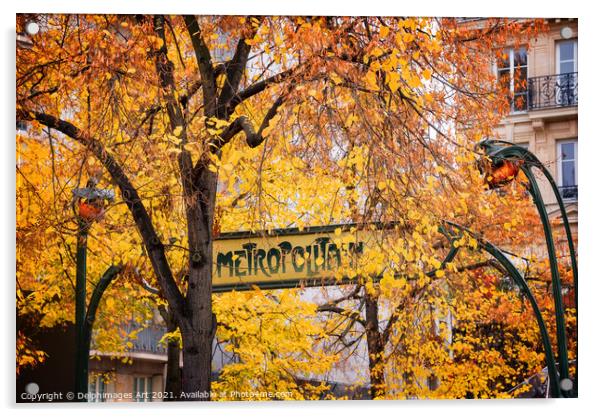 Paris vintage metro sign in autumn Acrylic by Delphimages Art