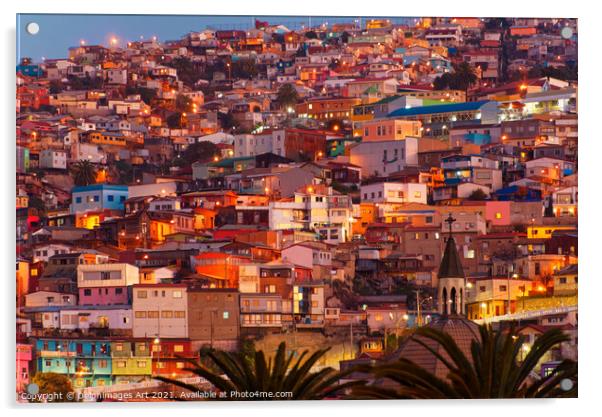 Colourful houses at night in Valparaiso, Chile Acrylic by Delphimages Art