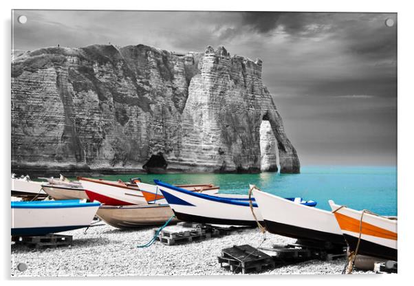 Fishing boats on the beach of Etretat, France Acrylic by Delphimages Art