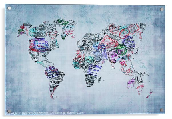 World map with passport stamps, travel abstract Acrylic by Delphimages Art