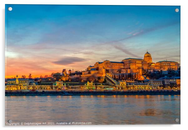 Budapest castle, Danube river at sunset Hungary Acrylic by Delphimages Art