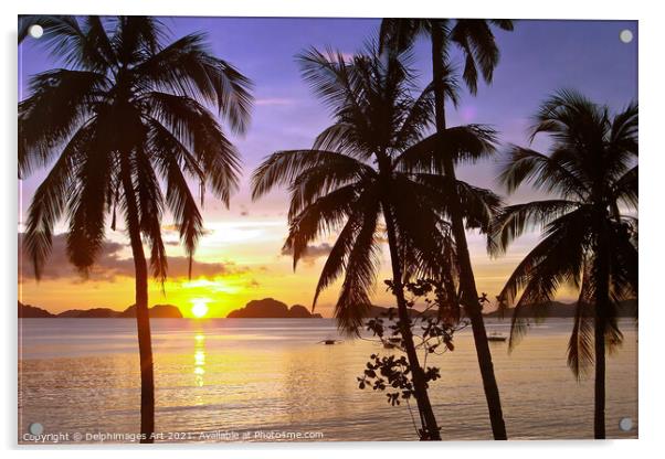 Beach and palm trees at sunset , island of Palawan Acrylic by Delphimages Art
