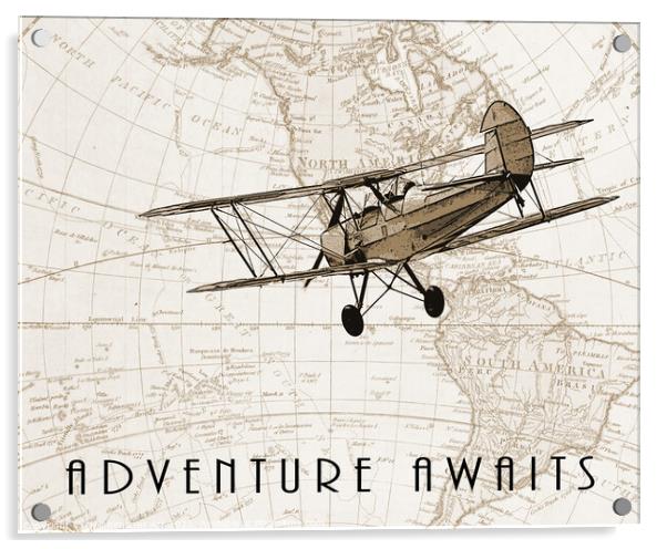 Adventure awaits,  old plane and vintage map Acrylic by Delphimages Art
