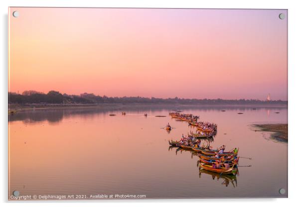 Myanmar. Boats on the lake at sunset near Mandalay Acrylic by Delphimages Art