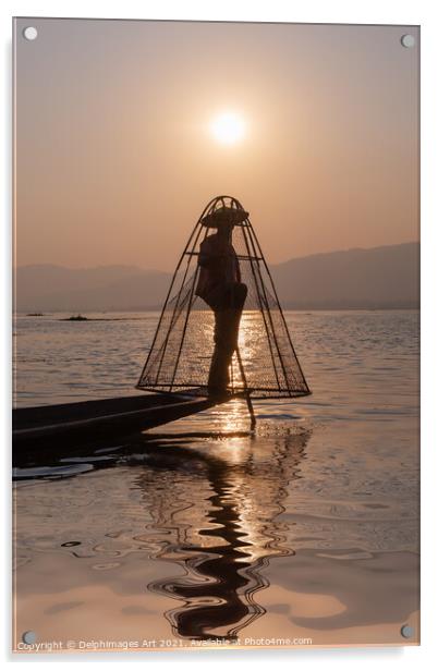 Myanmar. Fisherman on Inle lake at sunset, Burma Acrylic by Delphimages Art