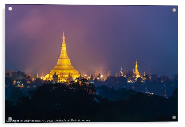 Myanmar. Shwedagon pagoda at night, Yangon Acrylic by Delphimages Art