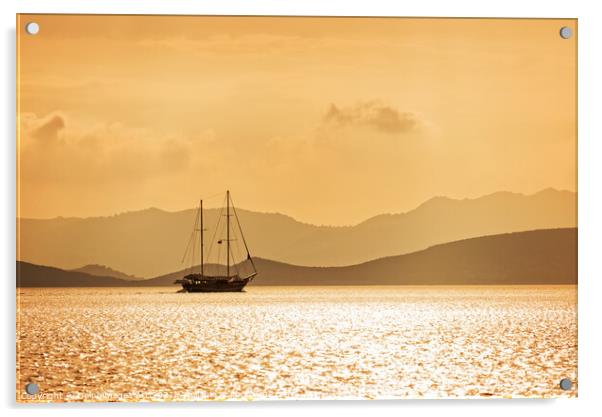 Sailing boat in gold at sunset Acrylic by Delphimages Art