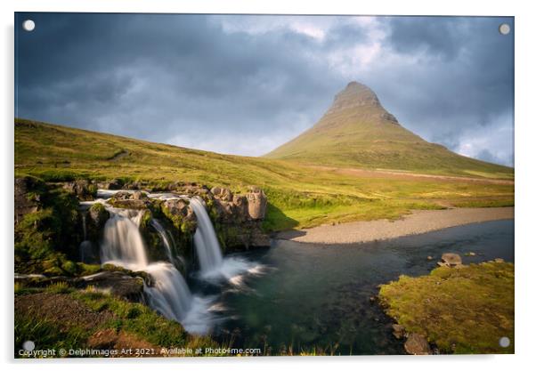 Iceland landscape. Mount Kirkjufell and waterfall Acrylic by Delphimages Art