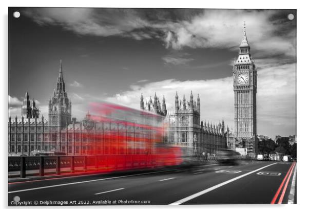 London. Red bus on Westminster bridge Acrylic by Delphimages Art
