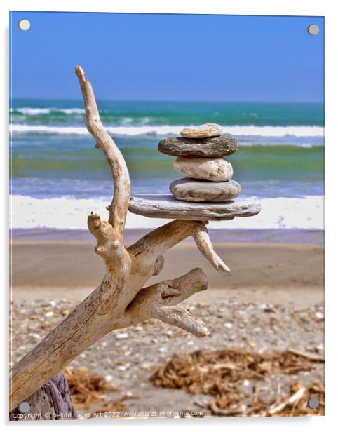 New Zealand, driftwood and balanced stones Acrylic by Delphimages Art