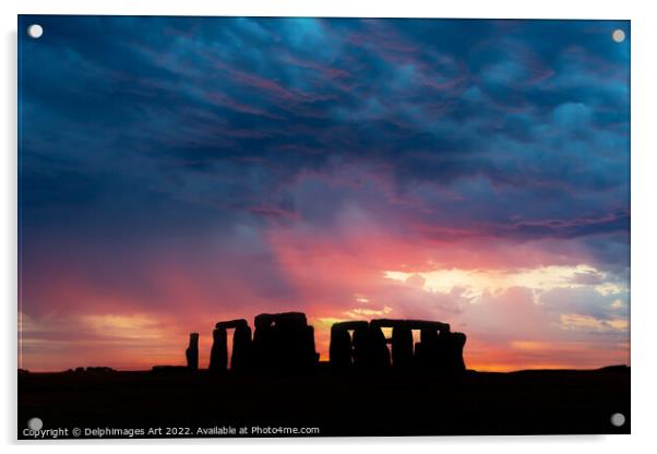 Stonehenge at sunset, dramatic sky Acrylic by Delphimages Art