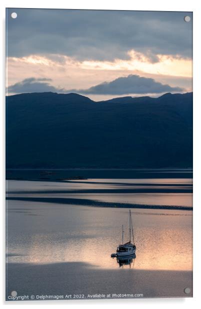 Sailing boat at sunset in Loch Carron, North West  Acrylic by Delphimages Art