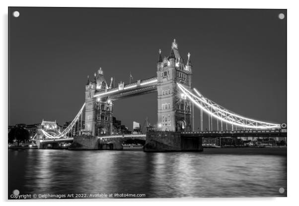 London Tower bridge at night, black and white Acrylic by Delphimages Art