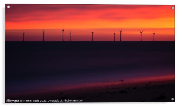 Electric. Orange dawn with wind farm and beach Acrylic by Martin Tosh