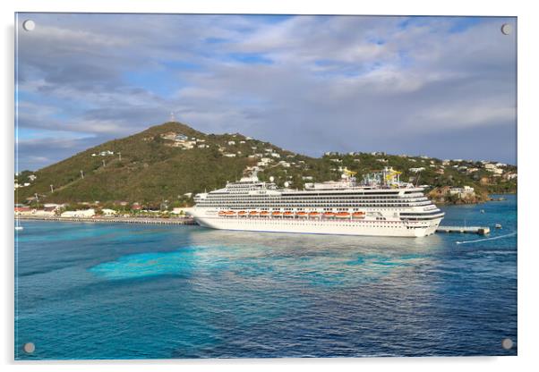 Cruise ship docked in a Charlotte Amalie bay before departing to Acrylic by Elijah Lovkoff