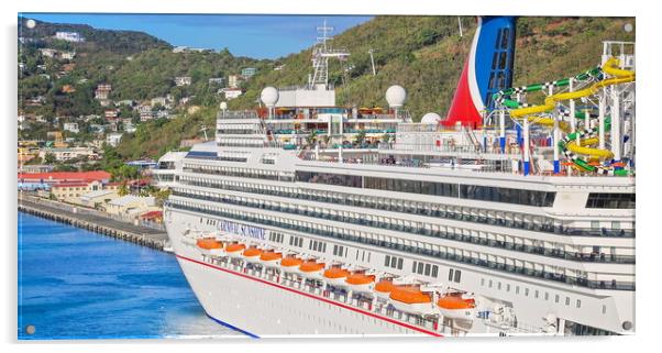 Cruise ship docked in a Charlotte Amalie bay before departing to a scenic Caribbean vacation Acrylic by Elijah Lovkoff