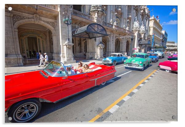 Happy tourists enjoying a taxi ride in Old Havana Acrylic by Elijah Lovkoff