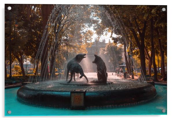 Coyoacan, Mexico City, Mexico, Drinking coyotes statue and fountain in Hidalgo Square in Coyoacan Acrylic by Elijah Lovkoff