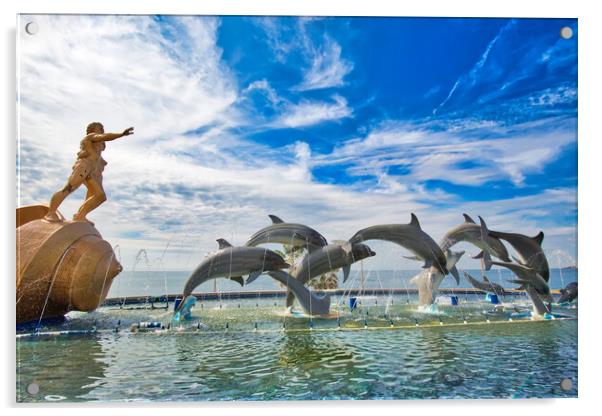 Mazatlan, Mexico, Dolphin Statue located on scenic Mazatlan Promenade (Malecon) near the ocean shore and historic city center Acrylic by Elijah Lovkoff
